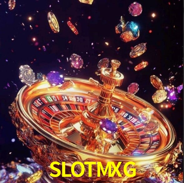 Escena dinámica inspirada en casino con iluminación SLOTMXG, cartas, fichas e íconos de juegos digitales en un espacio moderno de juegos.